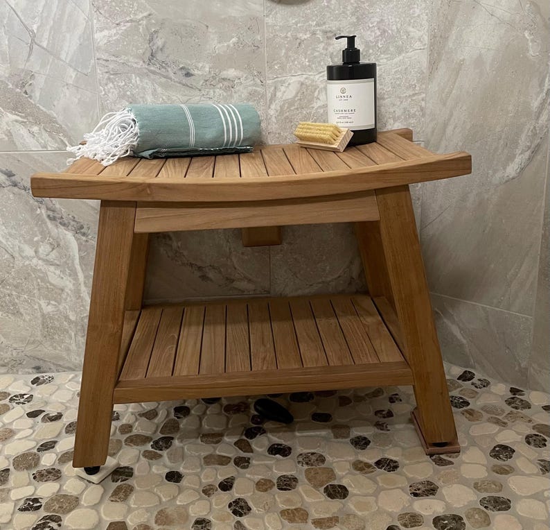 Teak Shower Bench with Shelf – Boho Style Wooden Bathroom Stool Seat afbeelding 1