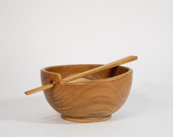 Teak Serving Bowl Wooden Chopstick Set Handmade Sushi Dish Asian Dining Table Sustainable Wood Kitchen Accessory Rustic Noodle Ramen Natural
