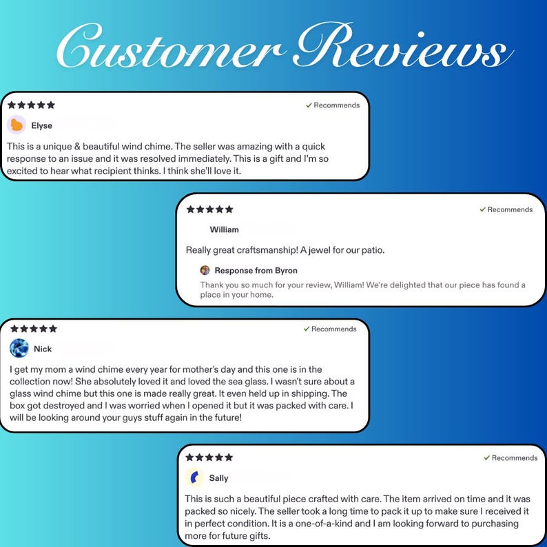May include: A graphic display titled Customer Reviews featuring four white rectangular boxes with five-star ratings and written feedback from customers named Elyse, William, Nick, and Sally, set against a blue gradient background.