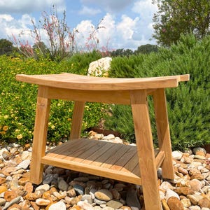 Sustainable Teak Wood Bathroom Bench Shower Seating Solution Natural Material Construction Waterproof Design Feature Moisture Resistant Quality Adjustable Feet Stability Slatted Comfortable Surface Luxury Spa Accessory Boho Style Element