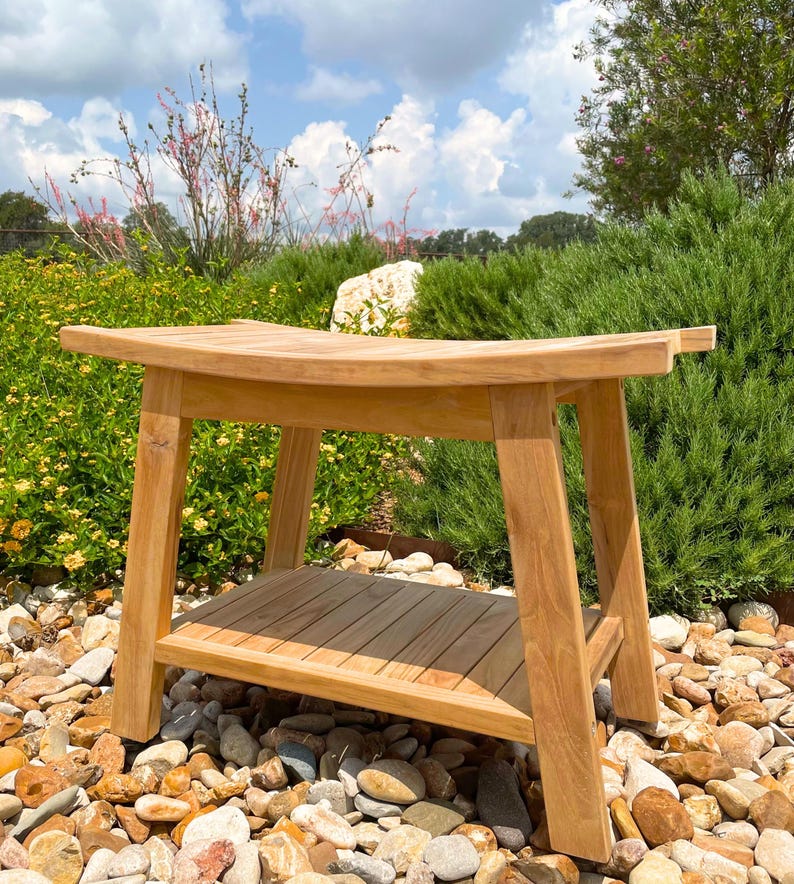Sustainable Teak Wood Bathroom Bench Shower Seating Solution Natural Material Construction Waterproof Design Feature Moisture Resistant Quality Adjustable Feet Stability Slatted Comfortable Surface Luxury Spa Accessory Boho Style Element