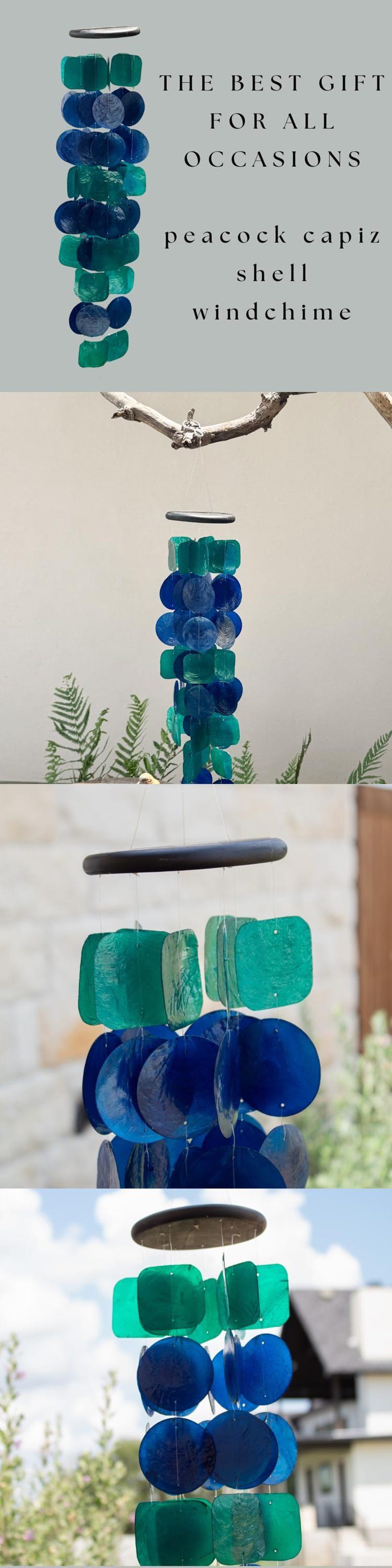 Coastal Wind Chime Garden Decoration Beach House Accent Piece Capiz Shell Blue Green Windchime Outdoor Patio Decor Melodic Mobile Sunlight image 10