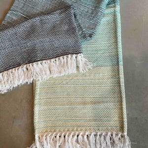 Modern Color Block Throw Cotton Blanket Design Beige Green Blue Combination Soft Textile Quality Living Room Decor Accent Piece Couch Covering Lightweight Comfortable Material Stylish Home Addition Beautiful Pattern Design Contemporary
