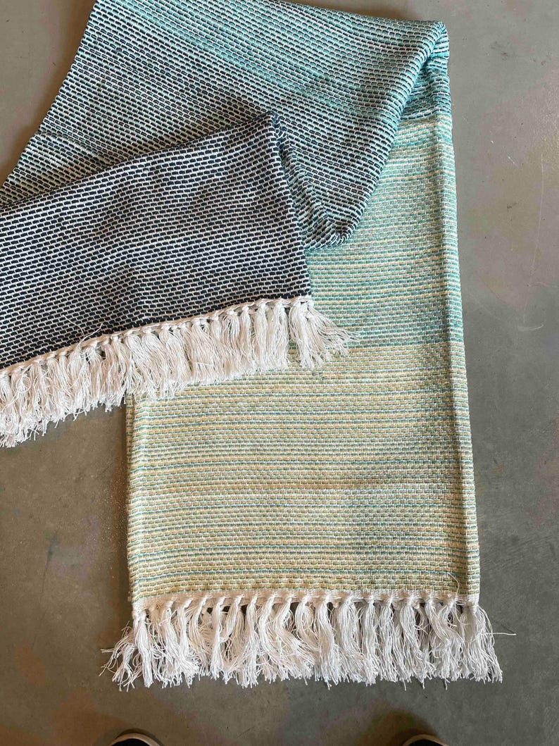 Modern Color Block Throw Cotton Blanket Design Beige Green Blue Combination Soft Textile Quality Living Room Decor Accent Piece Couch Covering Lightweight Comfortable Material Stylish Home Addition Beautiful Pattern Design Contemporary