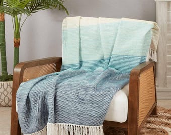 Cotton Throw Blanket Color Block Modern Design Living Room Decor Accent Couch Covering Soft Textile Beige Green Blue Colorful Lightweight