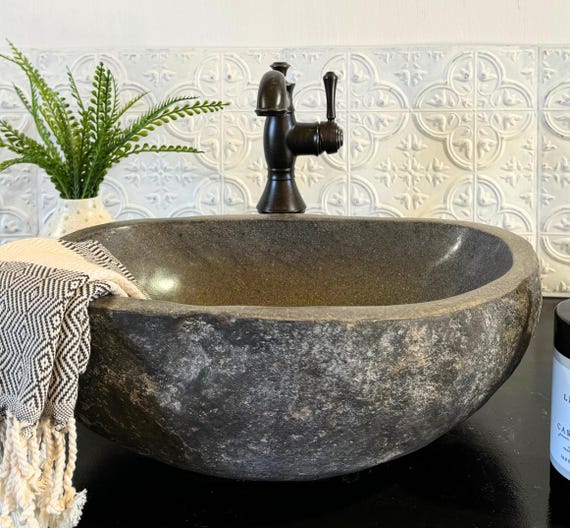 Stone Vessel Sink Bathroom Vanity Natural Basin Handmade River Rock Fixture Unique Design Earthy Boho Style Bali Inspired Java Island Home