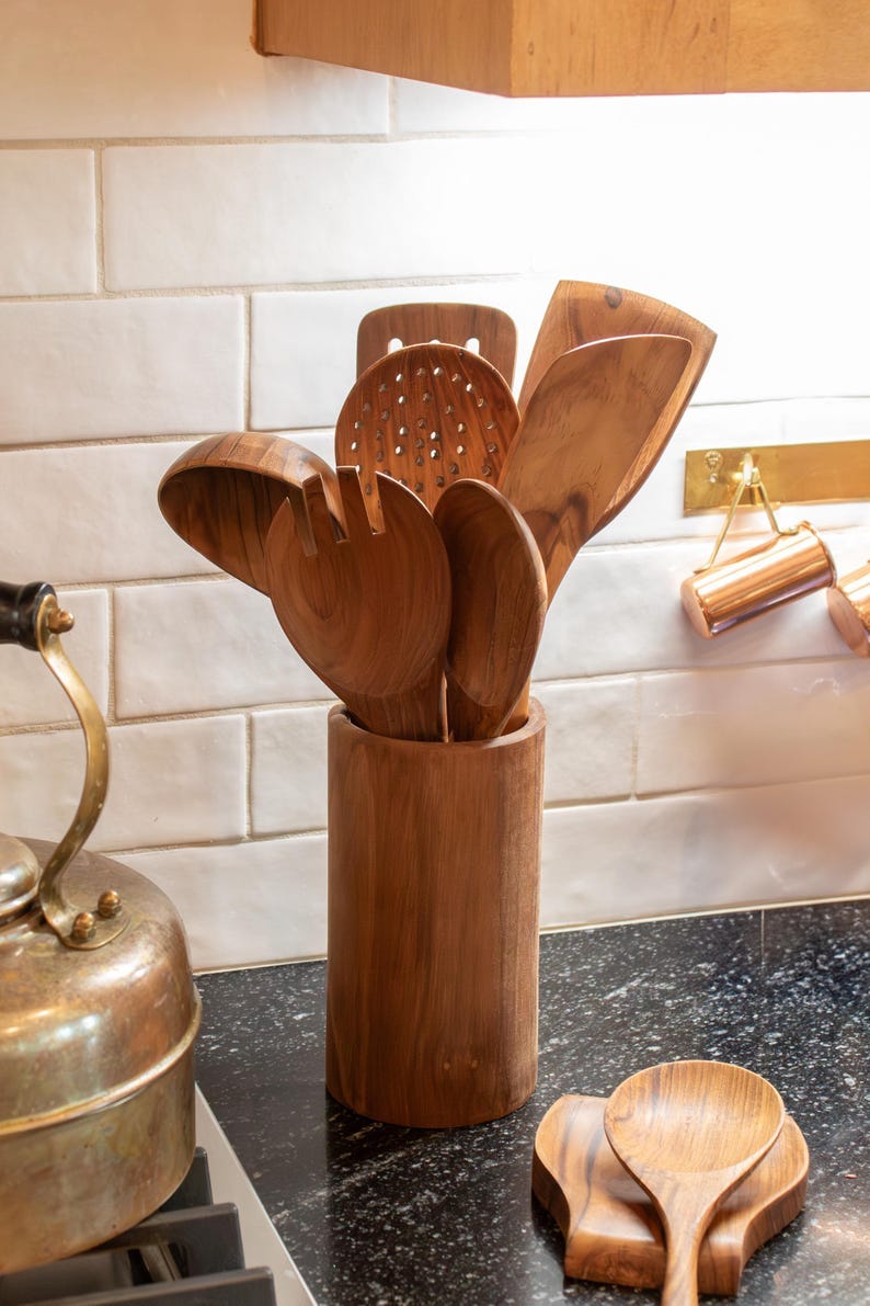 Premium Kitchen Gift Teak Utensil Collection Handmade Wooden Set Natural Cooking Tools Sustainable Material Design Artisan Crafted Spoons Chef Quality Essentials Beautiful Wood Grain Pattern Perfect Housewarming Present Professional Grade