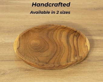 Teak Wood Plate Small Size Kitchen Accessory Natural Grain Dish Handcrafted Design Rustic Style Wooden Platter Sustainable Material Eco
