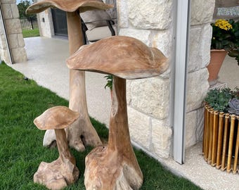 Wooden Mushroom Sculpture Handmade Art Natural Woodland Decor Rustic Garden Ornament Outdoor Patio Centerpiece Display Teak Wood Figurine