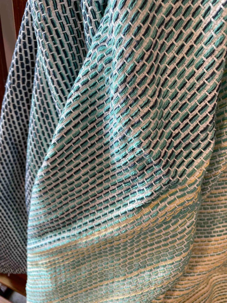 Color Block Design Cotton Throw Blanket Modern Aesthetic Beige Green Blue Combination Soft Textile Quality Living Room Accent Couch Accessory Lightweight Comfortable Material Beautiful Pattern Styling Contemporary Home Decor Perfect Size