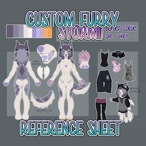 May include: A digital reference sheet for a custom furry character named Stormii, a border collie. The sheet includes a full body illustration, a headshot, and various outfit options. The character is primarily white, gray, and purple.