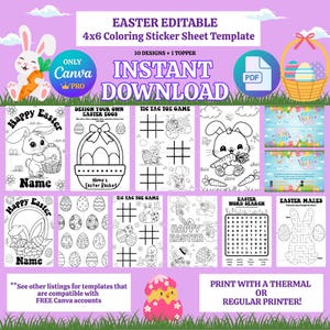 Könnte beinhalten: Ein druckbares Oster-Template mit verschiedenen Designs, darunter Malvorlagen, Labyrinthe und Wortsuchrätsel. Das Template zeigt Ostereier, Hasen und den Text "Happy Easter". Sofortiger Download verfügbar.