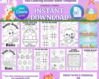 Hojas de pegatinas para colorear de Pascua de Canva PRO, para niños, aulas, regalos de fiesta, impresora térmica, impresora estándar, descarga instantánea