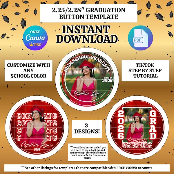 Modello di pulsante per la laurea Canva PRO 2.25/2.28, 3 design modificabili, facile da usare e con colori personalizzabili, download immediato.