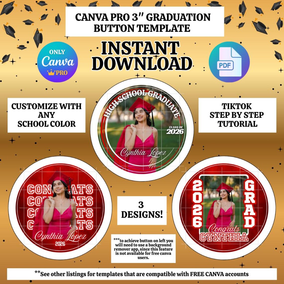 Grad Button Template Canva PRO Graduation 3IN Button Template, 3 Editable Designs, Easy to ...