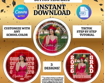 Plantilla de botones Canva PRO Graduation 3 IN, 3 diseños editables, fácil de usar y cambiar de color, descarga instantánea.