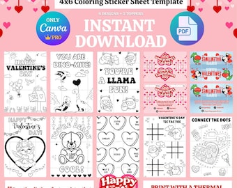 Hojas de pegatinas para colorear de San Valentín de Canva PRO, para niños, aulas, regalos de fiesta, impresora térmica, impresora estándar, descarga instantánea