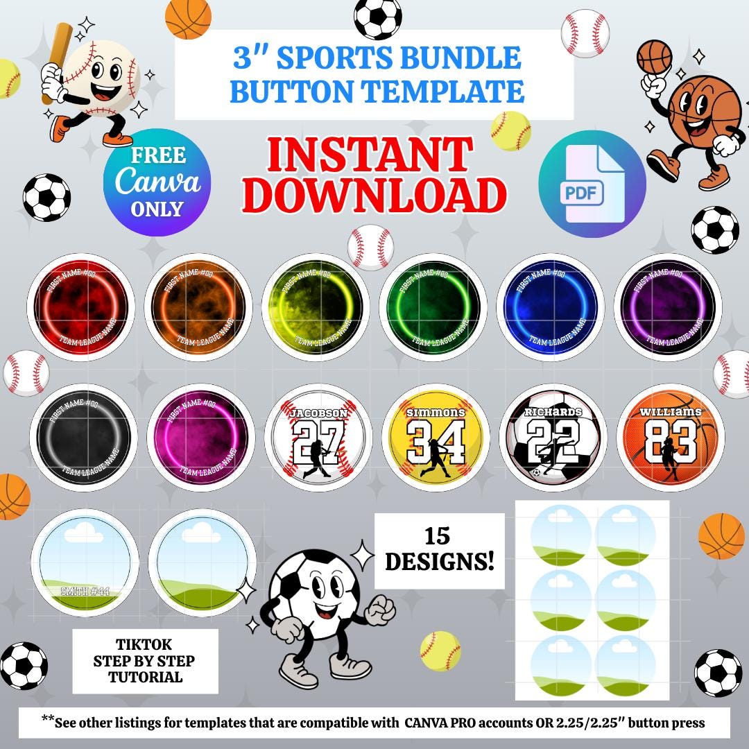 NON-CANVA Pro 3IN SPORTS Button Template, 3 Editable Designs, Easy to ...