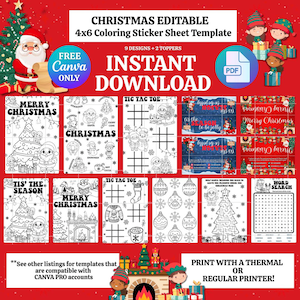 Könnte beinhalten: Eine rot-weiße, druckbare Stickerbogen-Vorlage zum Thema Weihnachten. Das Blatt enthält 9 Designs und 2 Topper mit dem Text "CHRISTMAS EDITABLE" und "INSTANT DOWNLOAD". Designs umfassen Malvorlagen, Tic-Tac-Toe und Wortsuche. Die Vorlage ist 10,16 cm x 15,24 cm groß.