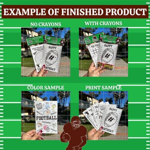 May include: A set of football-themed party favors, including coloring pages and name tags. The image shows examples with and without crayons, and a color and print sample. The text includes "Happy Birthday" and "Football".