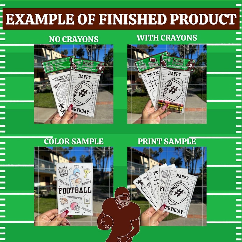May include: A set of football-themed party favors, including coloring pages and name tags. The image shows examples with and without crayons, and a color and print sample. The text includes "Happy Birthday" and "Football".