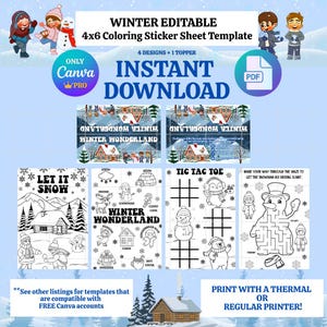 Canva PRO Winter Coloring Sticker Sheet Pages, Kids, Classroom, Party Favors, Thermal Printer, Regular Printer, Instant Download