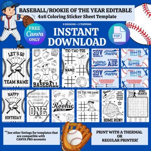 Op de afbeelding: Een honkbal-thema sticker vel sjabloon met de tekst "BASEBALL/ROOKIE OF THE YEAR EDITABLE" en "INSTANT DOWNLOAD". Inclusief ontwerpen voor teamnamen, verjaardagen, tic-tac-toe en doolhoven. De sjabloon is 10 x 15 cm en printbaar.
