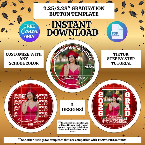 Modello di pulsante di laurea NON-CANVA Pro 2.25/2.28, 3 design modificabili, facile da usare e con colori personalizzabili, download immediato.