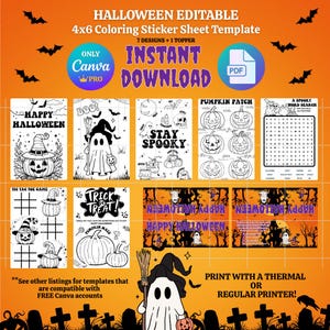 May include: A Halloween-themed sticker sheet template with various designs, including pumpkins, ghosts, and bats. The sheet features the text "Happy Halloween," "Trick or Treat," and "Instant Download." The template is designed for 4x6 inch stickers and is editable in Canva.