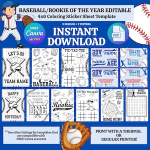 May include: Baseball-themed sticker sheet template with 9 designs and 2 toppers. Includes coloring pages, tic-tac-toe, mazes, and birthday designs. Features the text "Instant Download" and "Print with a thermal or regular printer!"