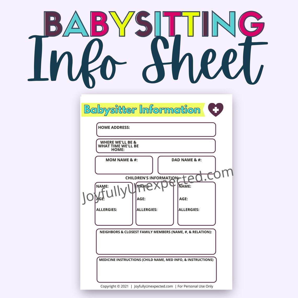 Babysitting Information Sheet Printable | Etsy