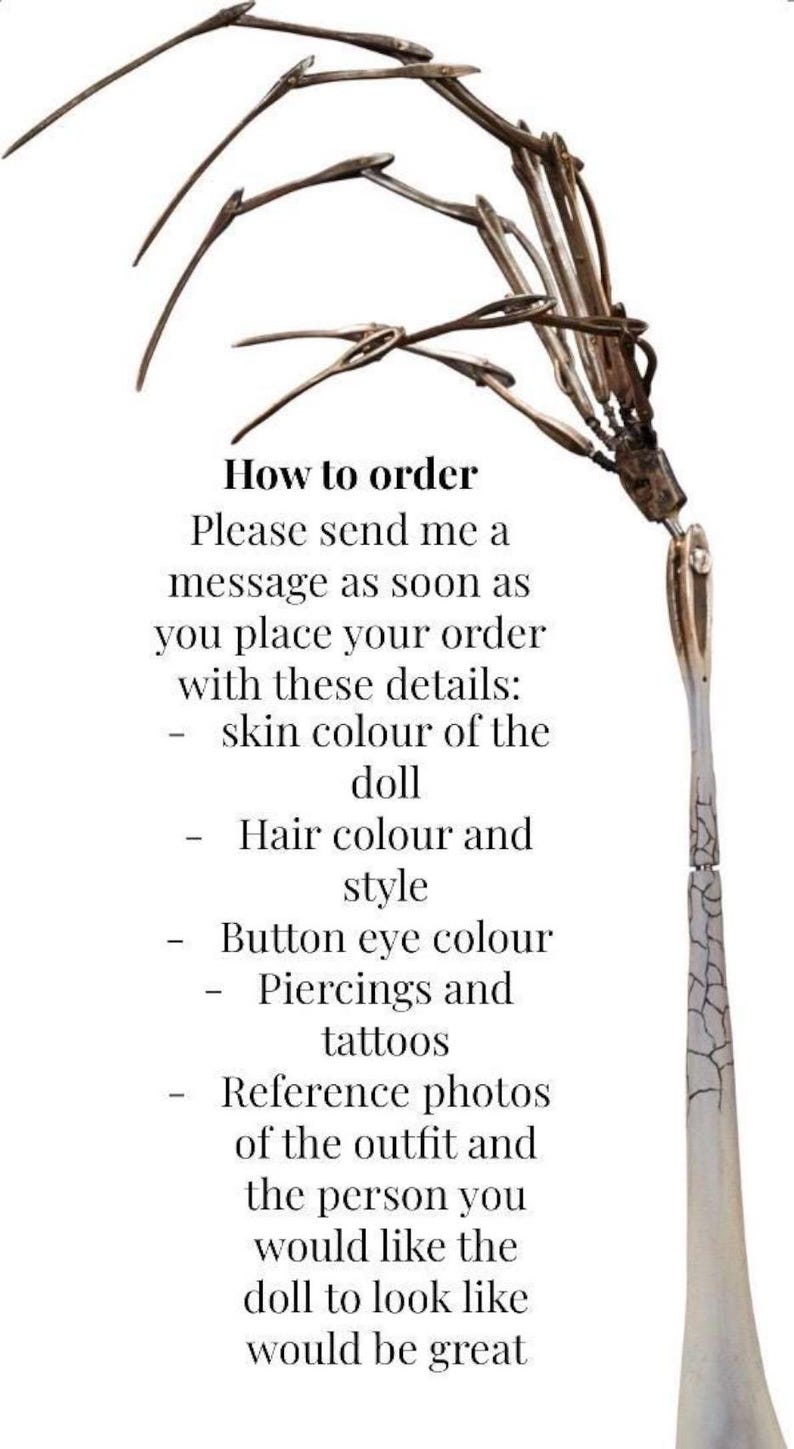 May include: A detailed image of a doll's skeletal structure, with a needle-like component. The text "How to order" is visible, followed by instructions for customization details such as skin color, hair, eye color, and tattoos.