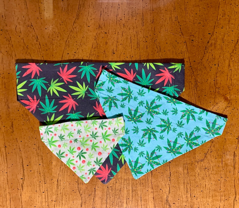 Red Plaid W Pot Leaves Pet Bandana. Slide Over Collar. Solid Back. VERY Discreet USA Cotton. 3