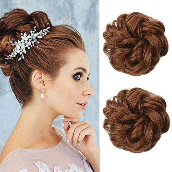 Thick FAUX Human Hair Messy Bun Wavy Curly Hair Extension Wedding Bridal Hairpiece Super Fluffy Cat Ear Buns Need 2 #30 Light Auburn