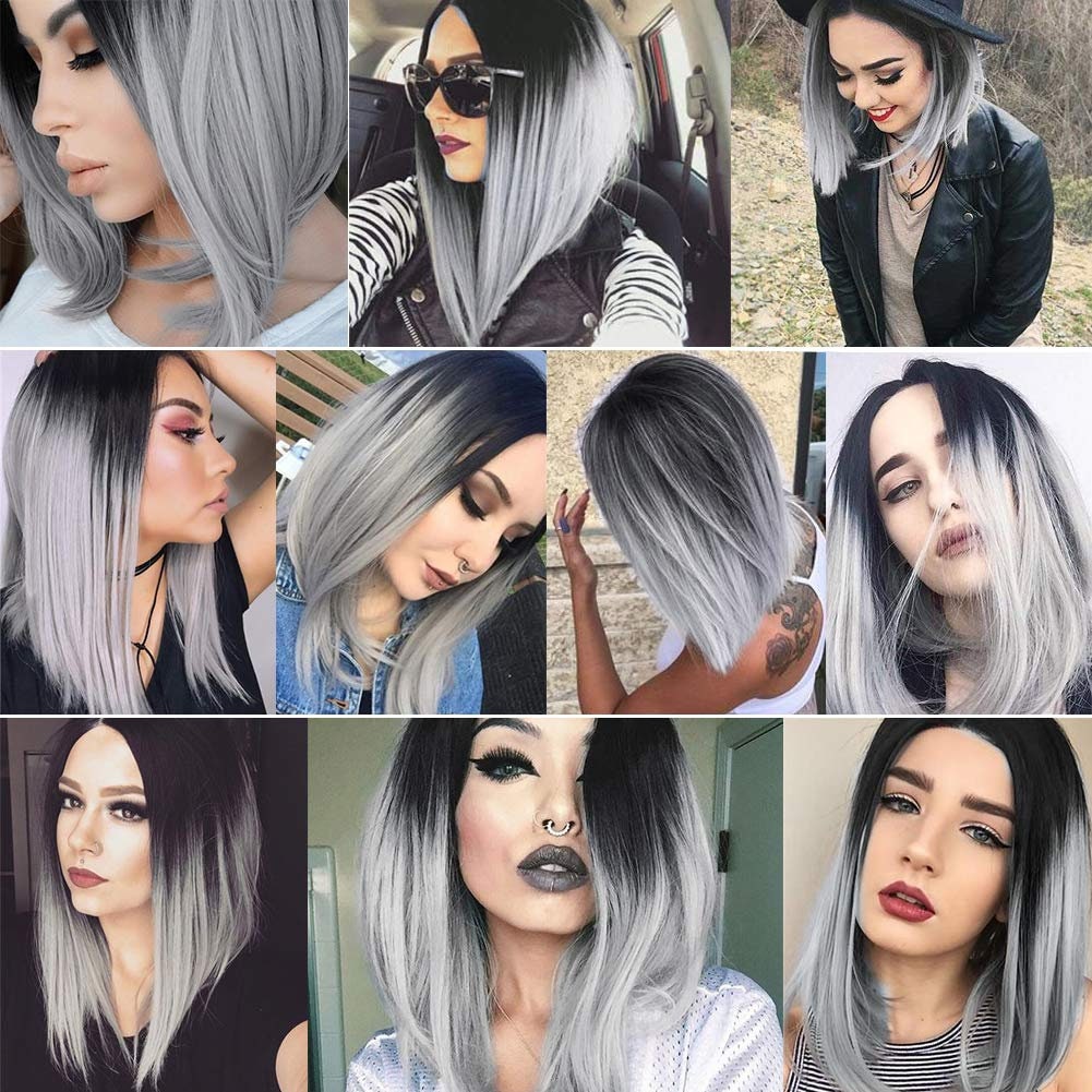 Black to Silver Gray Ombre Straight Bob Wig Heat Resistant - Etsy