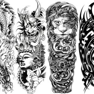 Large Full Arm Temporary Tattoos Waterproof Realistic Peacock, Crane, Dragon, Lion, Fox, Tiger, and Samurai Designs for Cosplay, Festivals