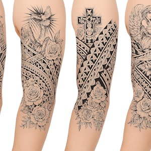 Polynesian Tribal Floral Temporary Sleeve Tattoos for Men and Women with Cross Angel Dove Rose Designs Set of 4 Sheets Waterproof for DIY