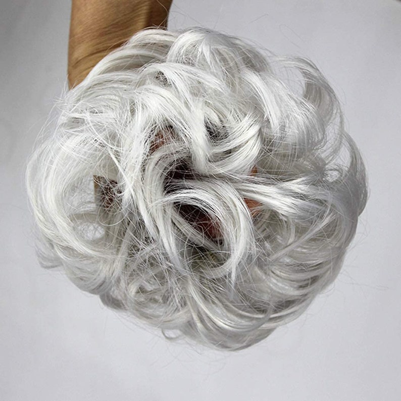 Natural Silver Grey Messy Buns Thick FAUX Human Hair Messy Updo Bun Hair Scrunchie Super Fluffy Ponytail Hair Accessories image 2