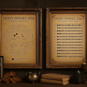 Mond Phase 2026 Kalender Nordhalbkugel druckbare Mondzyklus Diagramm Astrologie Wand Kunst Grimoire Seite Witchy digitaler Download Wicca Geschenk