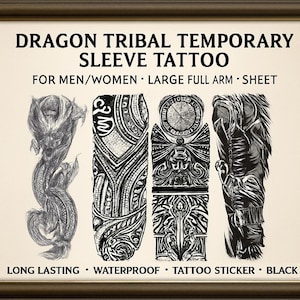 Dragon Tribal Temporary Sleeve Tattoo Large Full Arm Mechanic Maori Viking Fake Tat Sleeve For Adult, Long Lasting Body Art Makeup, 4-Sheets