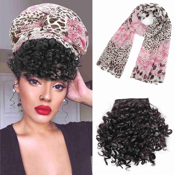 Clip in curly hair bangs with kerchief, shawl, head wrap, hijab, stole or light scarf choice of scarf colors at checkout