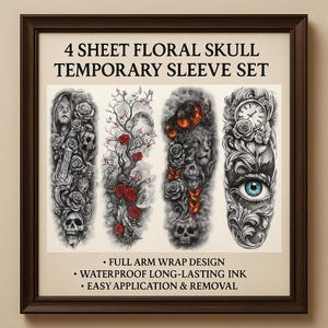 Floral Skull Temporary Sleeve Tattoo Large Full Arm Flower Rose Fake Tattoo Long Lasting Black Lion Eye Temp Tatoo Body Art 4-Sheet DIY Art