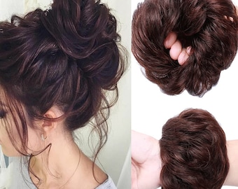 100% Human Hair Bun Extension | Messy Chignon Scrunchy Scrunchie | Juva Hairpiece Hair Donut Ponytail Hairpieces | Medium Chestnut Brown