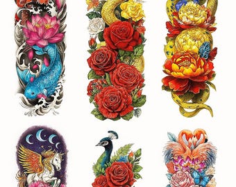 6 Sheet Full Arm Temporary Tattoo Sleeve Set – Realistic Snake, Flowers, Butterflies, Unicorn, Peacock, Flamingos – Waterproof Body Art