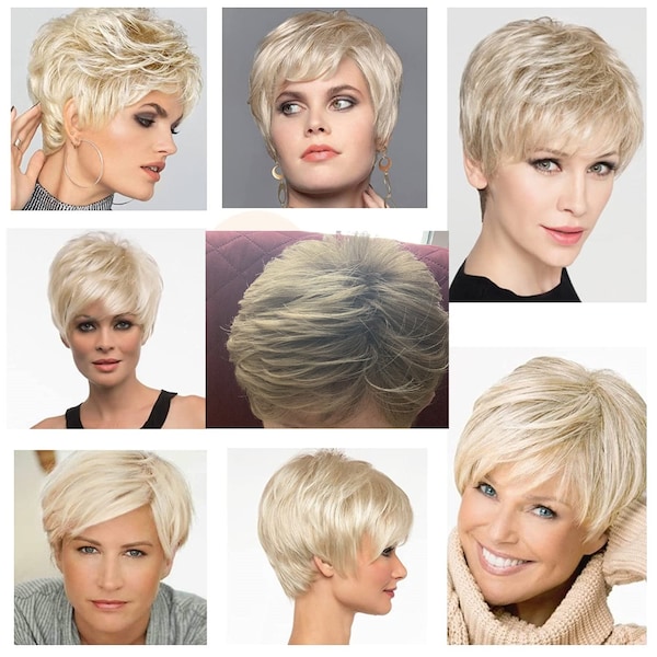 Layered Pixie Cut Wig with Customizable Air Bangs Short Straight Natural Looking Synthetic Fiber Mixed Blonde Hair Replacement Free Shipping