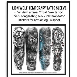 Lion Wolf Temporary Tattoo Sleeve – 4 Full Arm Animal Tribal Fake Tattoos – Long Lasting Black Ink Temp Tatoo Stickers – Set of 4 DIY Crafts