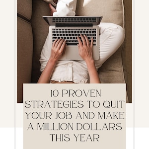 Peut inclure: Une personne travaillant sur un ordinateur portable assise sur un canapé. Le texte sur l'image est "10 stratégies éprouvées pour quitter votre emploi et gagner un million de dollars cette année."