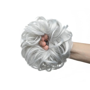 Natural Silver Grey Messy Buns Thick FAUX Human Hair Messy Updo Bun Hair Scrunchie Super Fluffy Ponytail Hair Accessories image 3