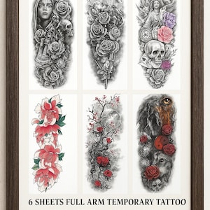 6 Sheets Extra Large Skull and Rose Temporary Tattoo Sleeves – Waterproof Black Ink Full Arm Fake Body Art Set – Bold Gothic Style DIY Craft