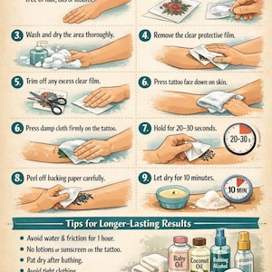 Op de afbeelding: Geïllustreerde gids over het aanbrengen van een tijdelijke tattoo, met genummerde stappen. Bevat instructies voor het voorbereiden van de huid, het aanbrengen van de tattoo en tips voor een langere levensduur. Toont ook verwijderingsinstructies.